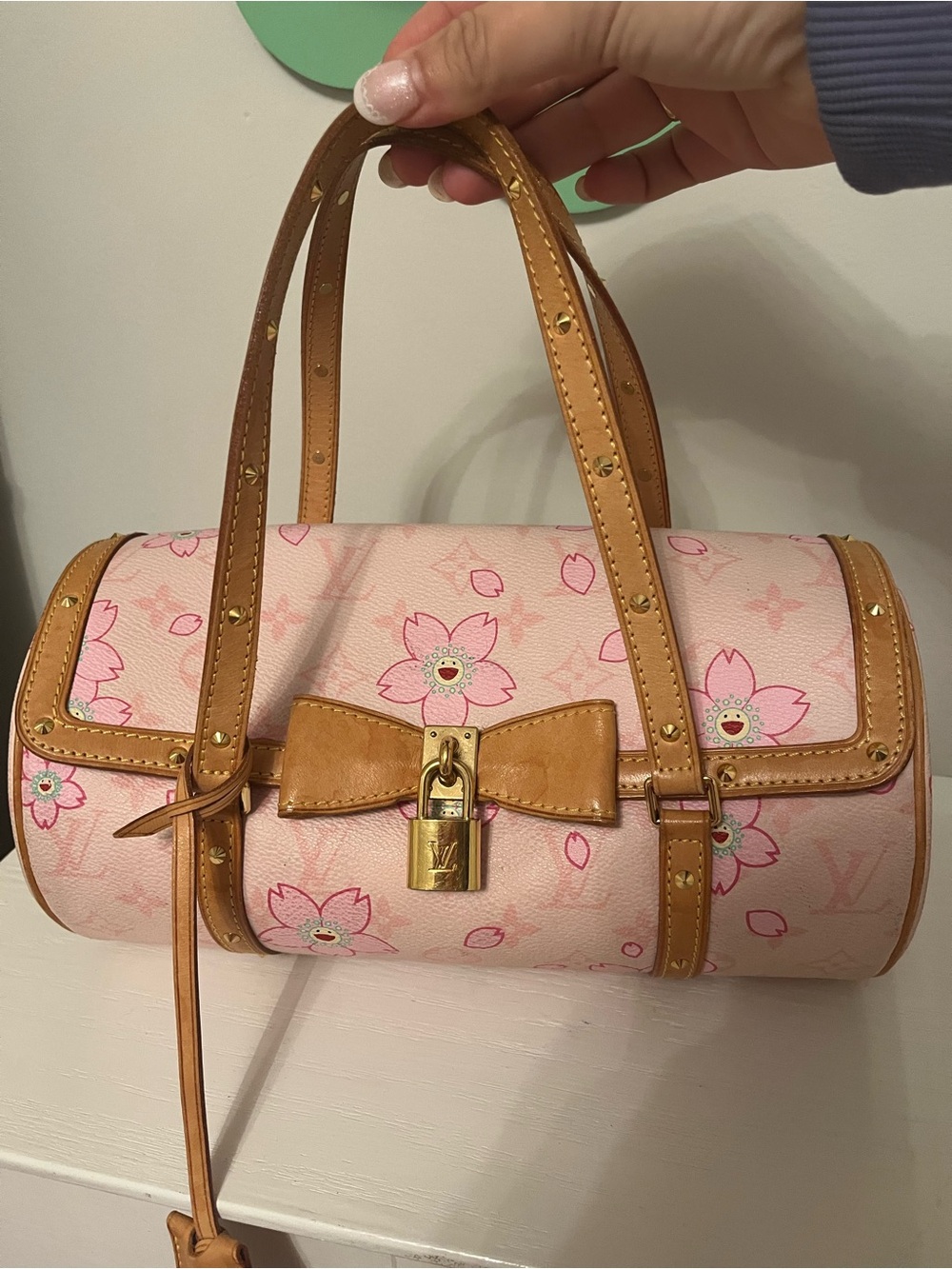 Louis Vuitton Pink Floral Cherry Blossom Cylinder Shoulder Bag with Tan Trim